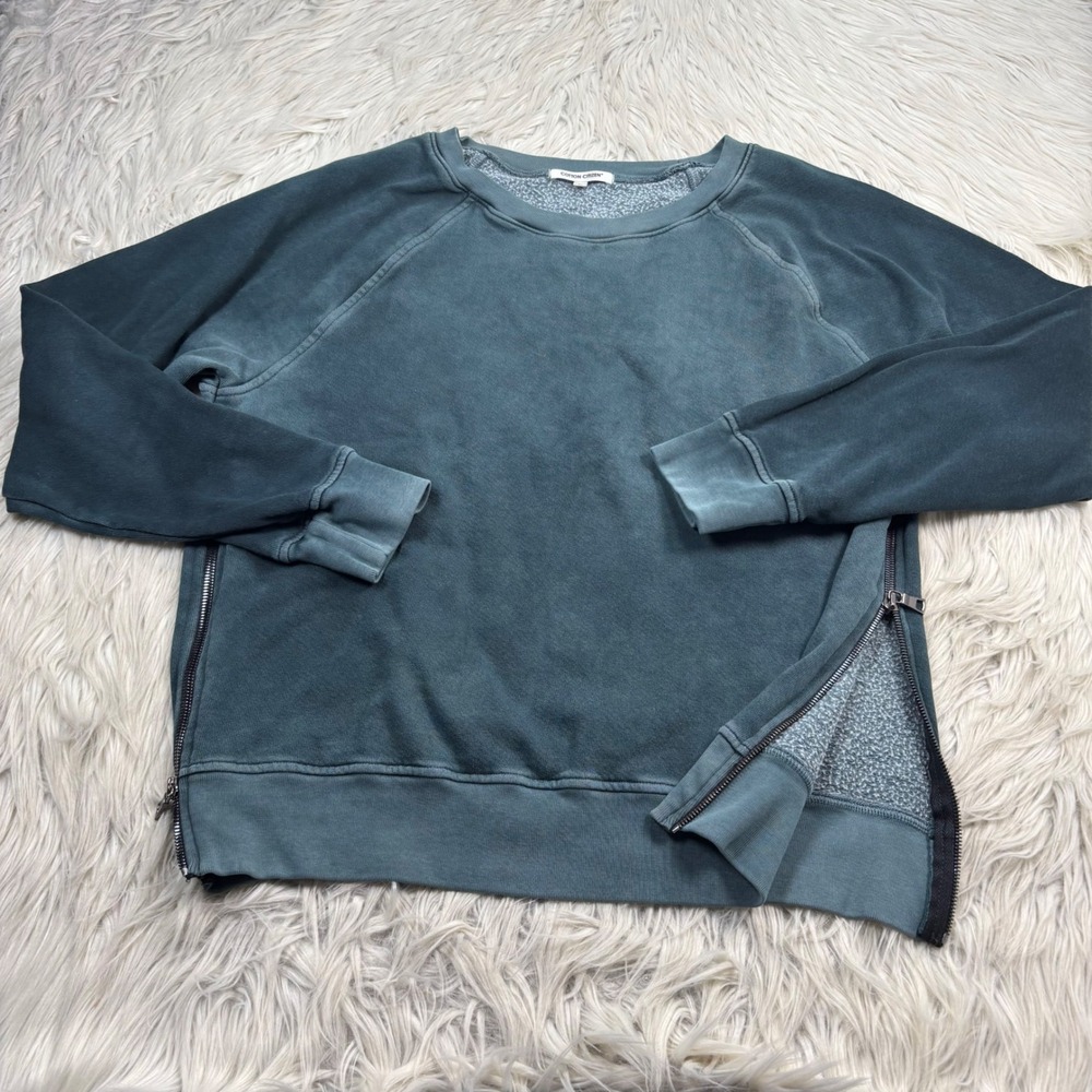 Cotton Citizen Women's L Washed Green Zipper Hem Crew Sweatshirt Alt Grunge Art